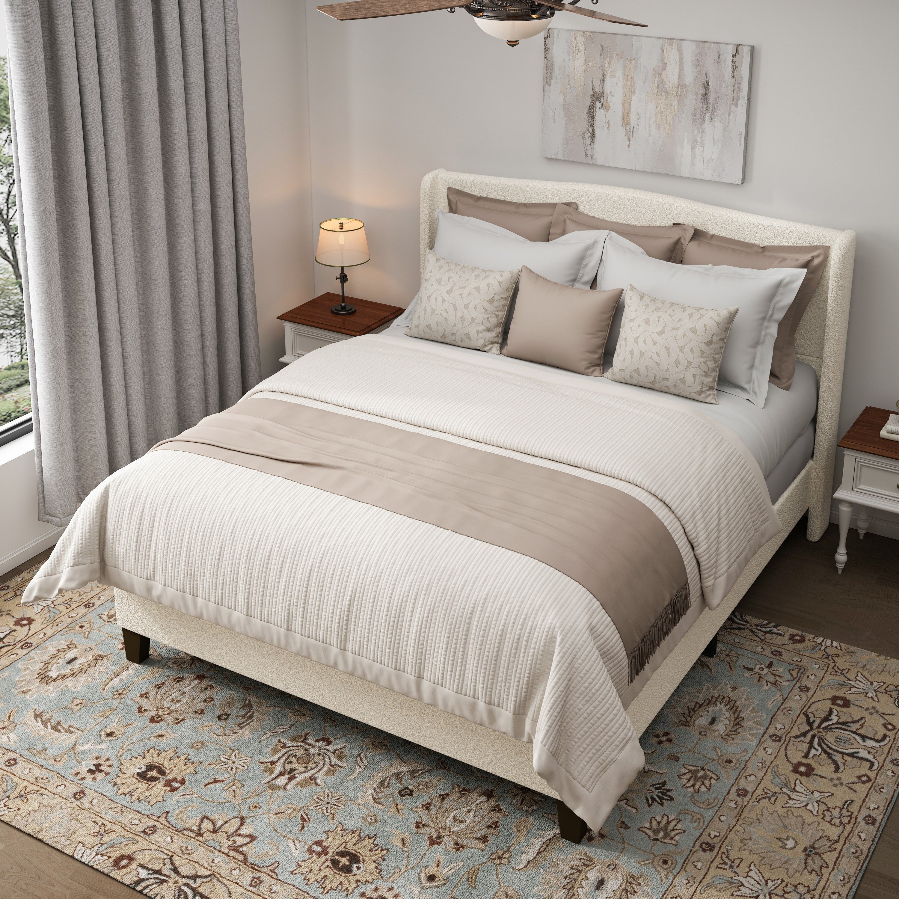 White teddy velvet king platform bed in a bright bedroom with an arched window