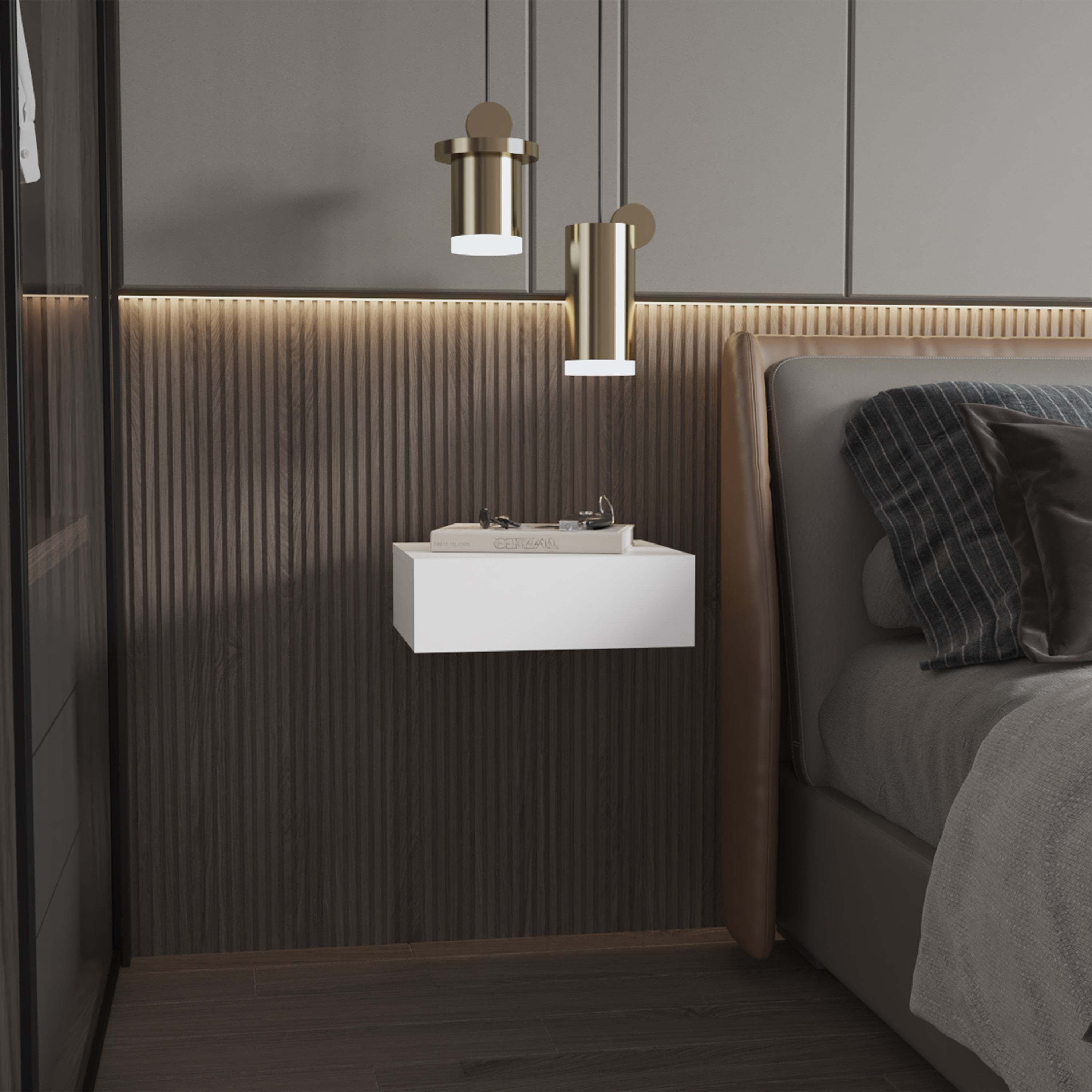 White Floating Nightstand, Wall Mounted with Drawer