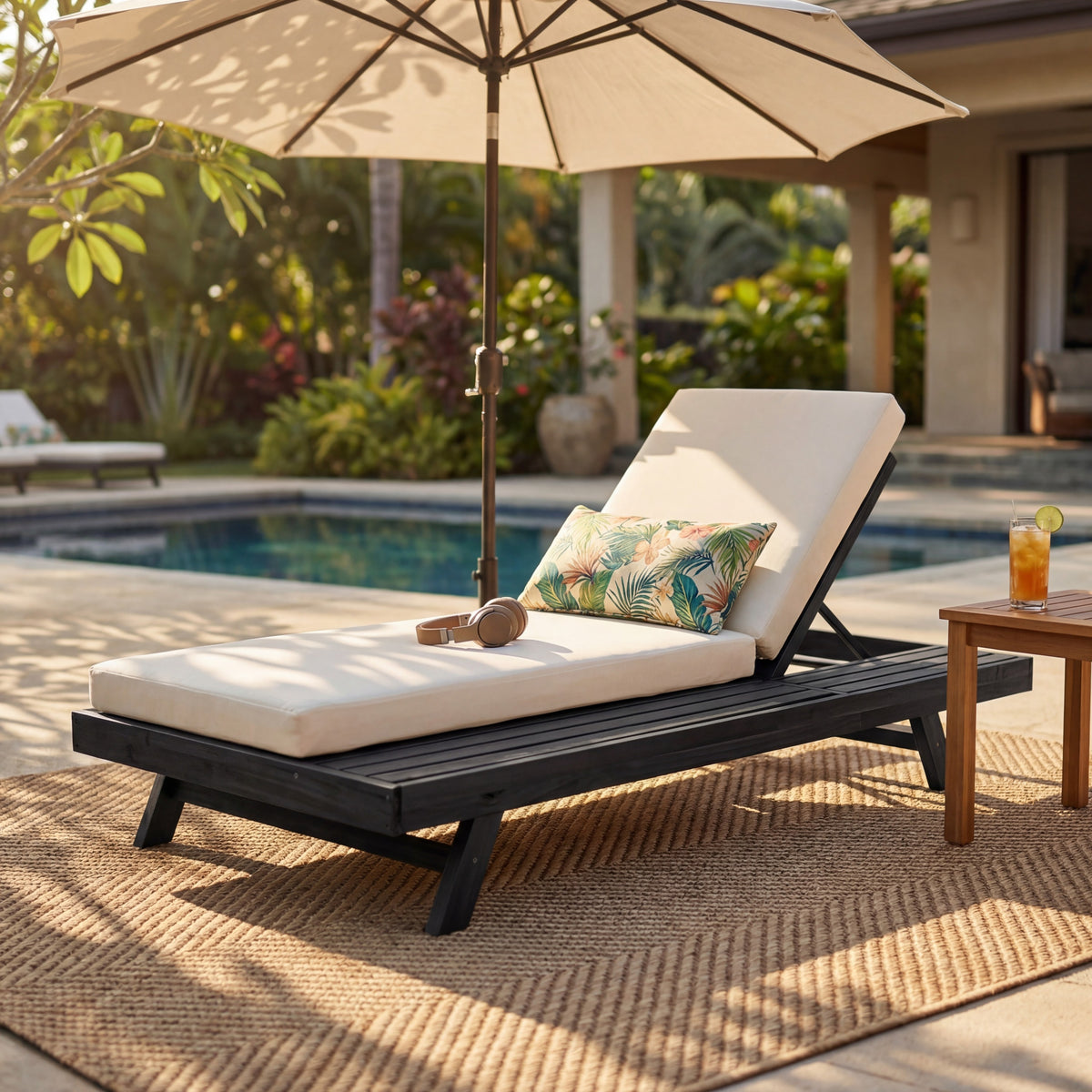 Black Solid Wood Outdoor Chaise Lounge, Cream Cushion