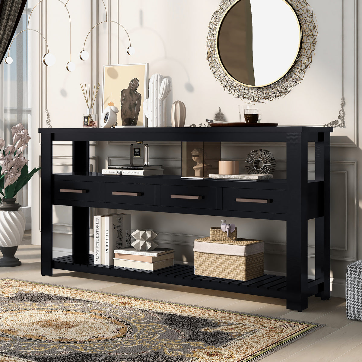 Black Entryway Console Table, 4 Drawers, 61.5 in Wide