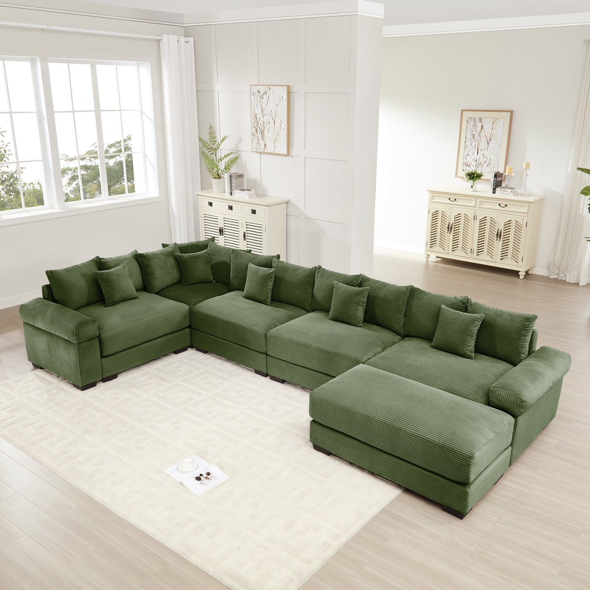 Green Corduroy Modular Sectional with Ottoman