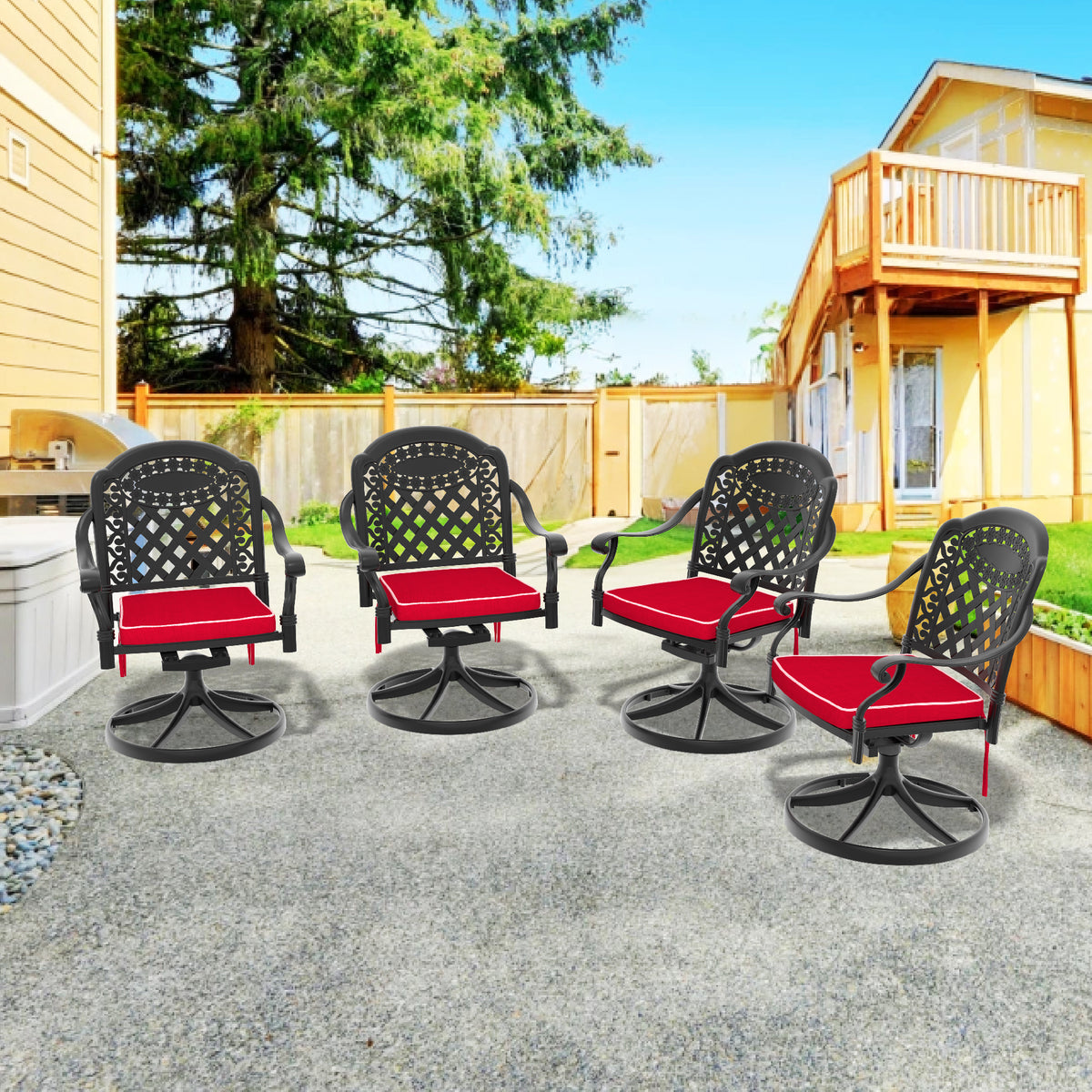 Black Aluminum Outdoor Swivel Chair with Red Cushions, Set of 4