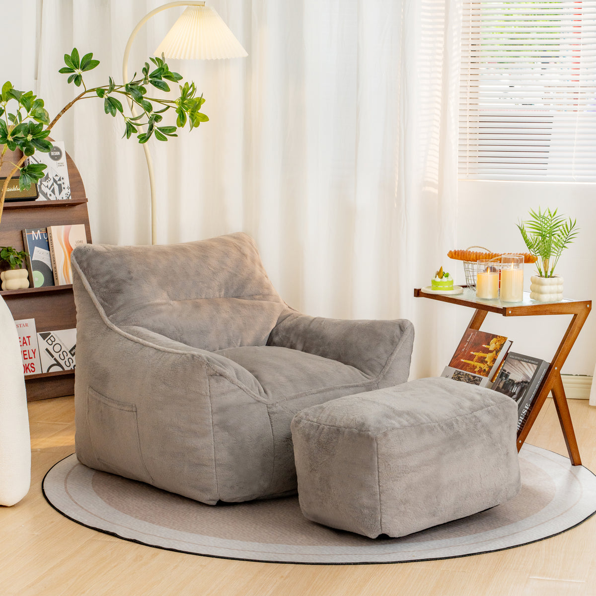 Gray Faux Fur Bean Bag Sofa, 40.6 in Wide