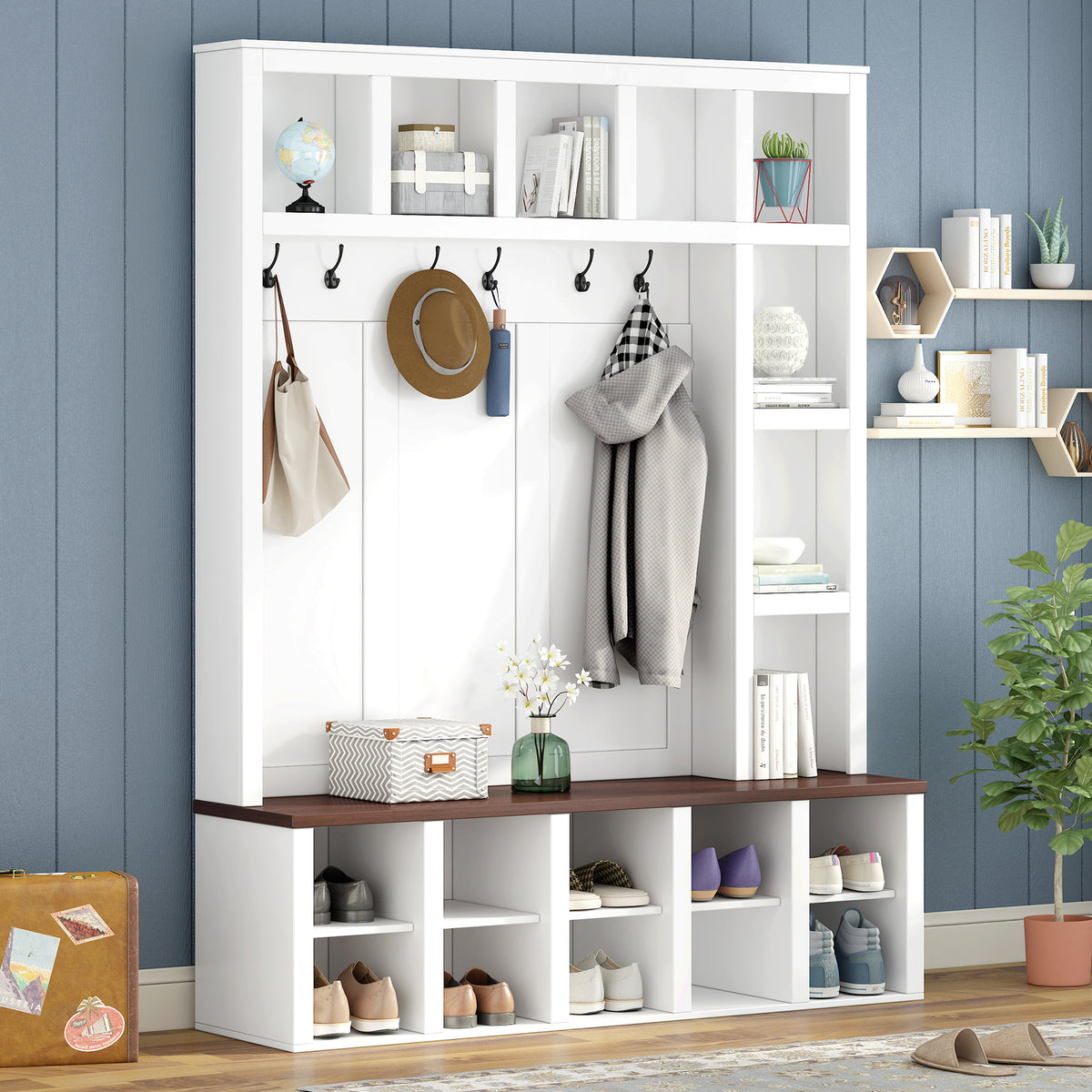 White Hall Tree, 59 in Wide, Walnut Accents