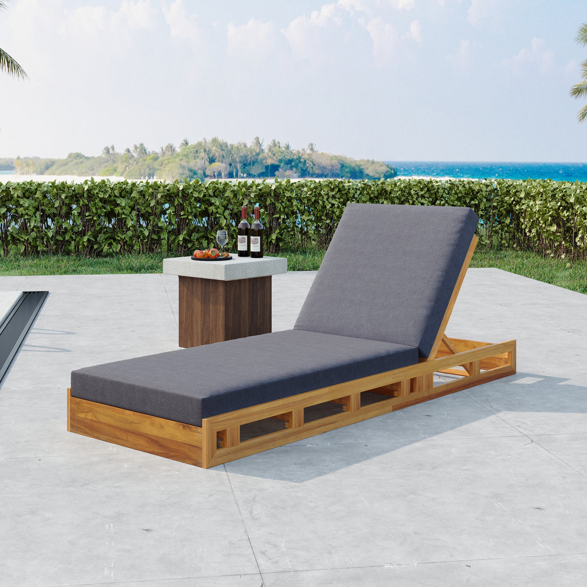 Teak Finish Solid Wood Outdoor Chaise Lounge, Dark Gray Cushion