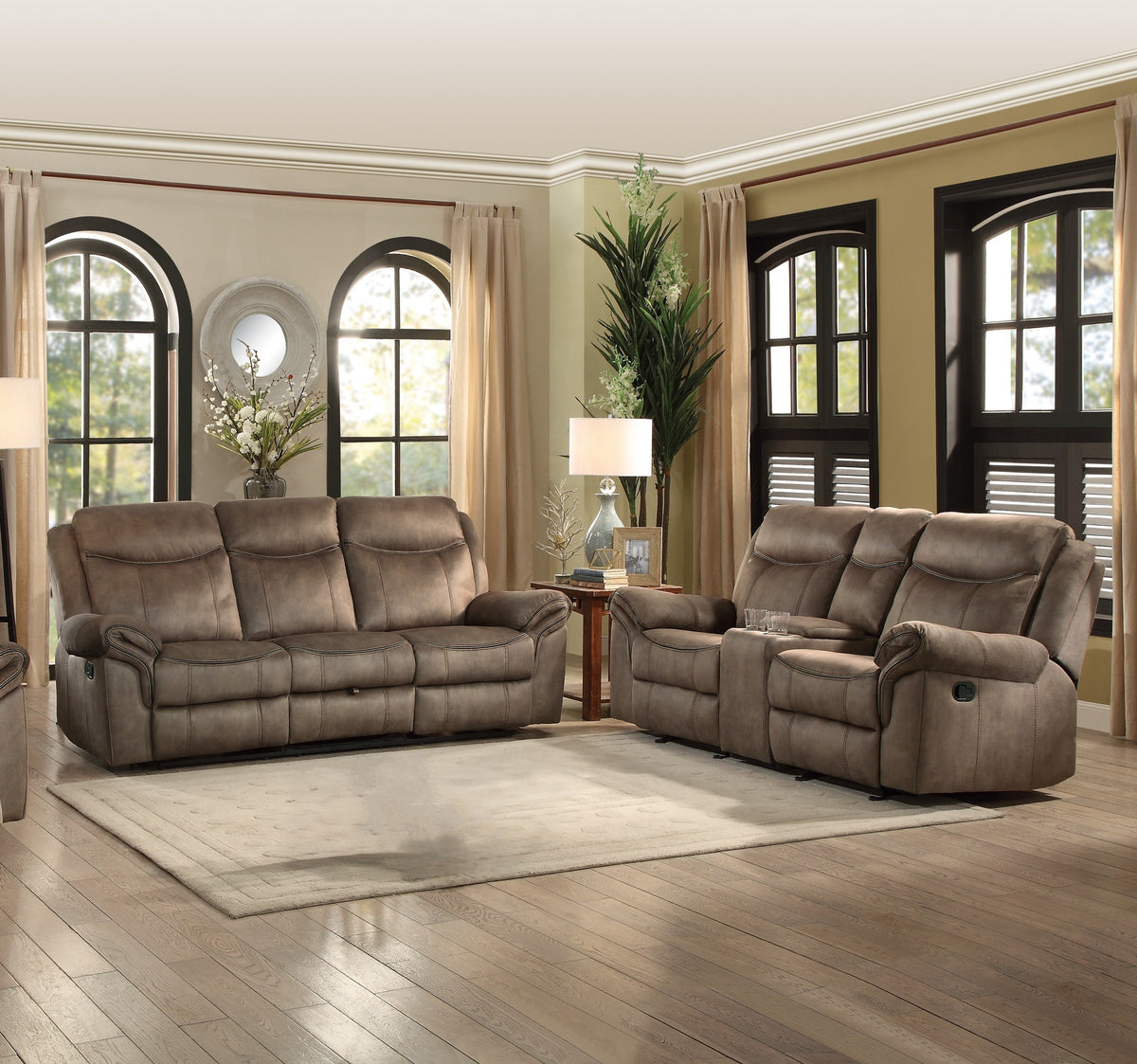 Brown Microfiber Reclining Sofa and Loveseat Set with Console