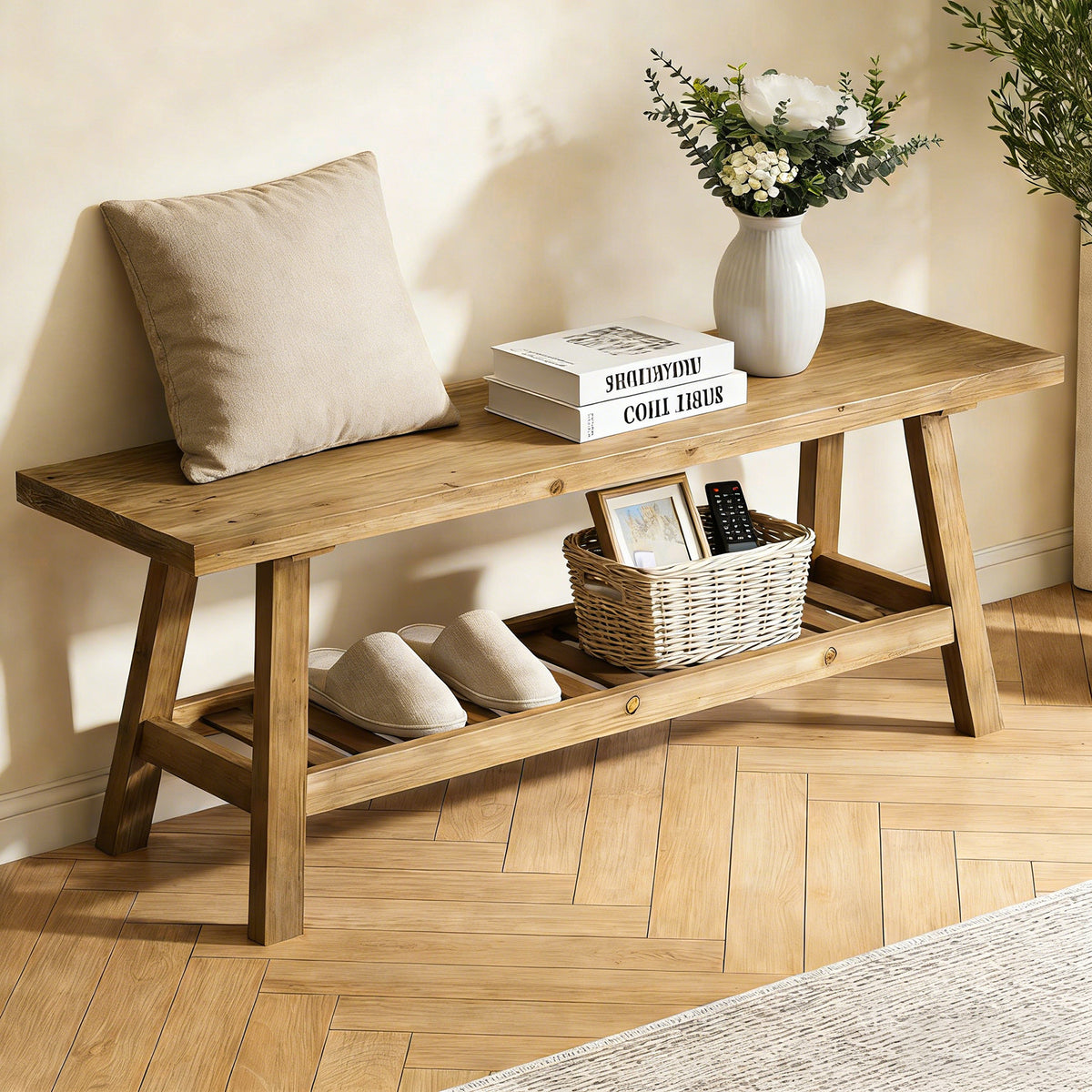 Gray Solid Wood Entryway Bench, 43.3 in Wide