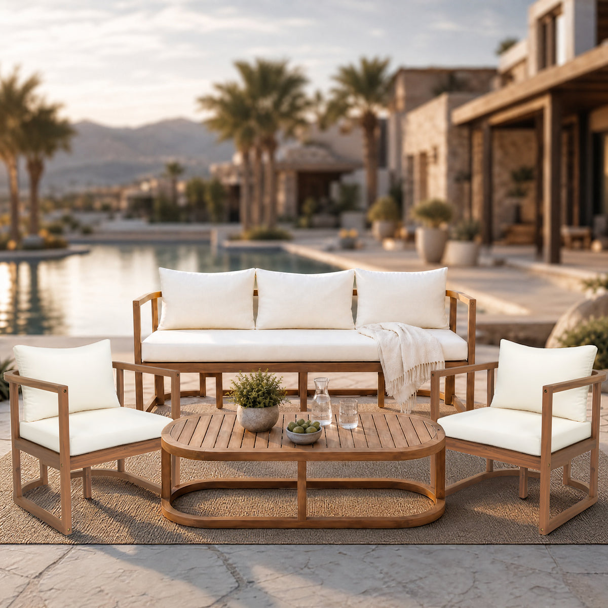 Teak Finish Solid Wood 4-Piece Outdoor Sofa Set with Beige Cushions