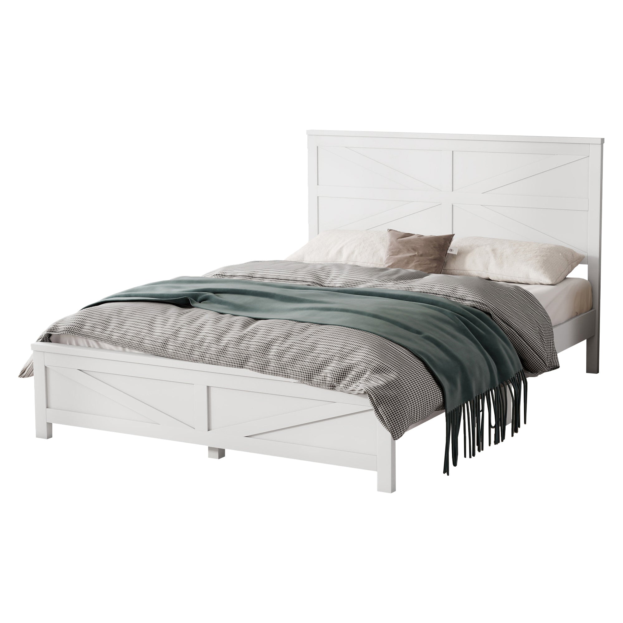 Studio angle of the bare white barn door queen bed frame with headboard, footboard and exposed slats