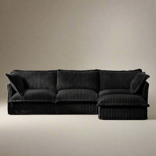 Fluffy Corduroy 3-Seat Sofa – Black with Ottoman, Washable