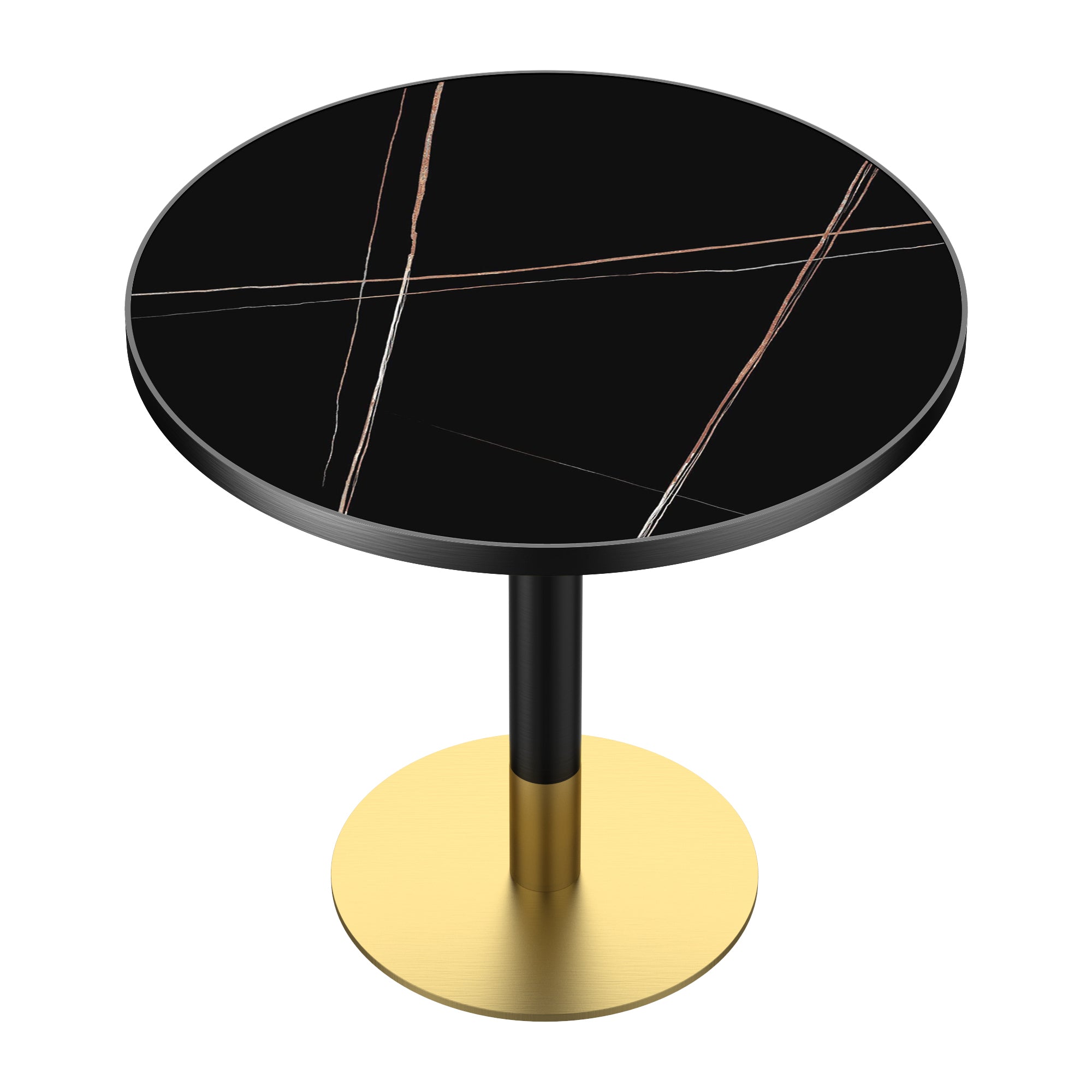 Angled overhead studio view of the gold and black sintered stone round dining table