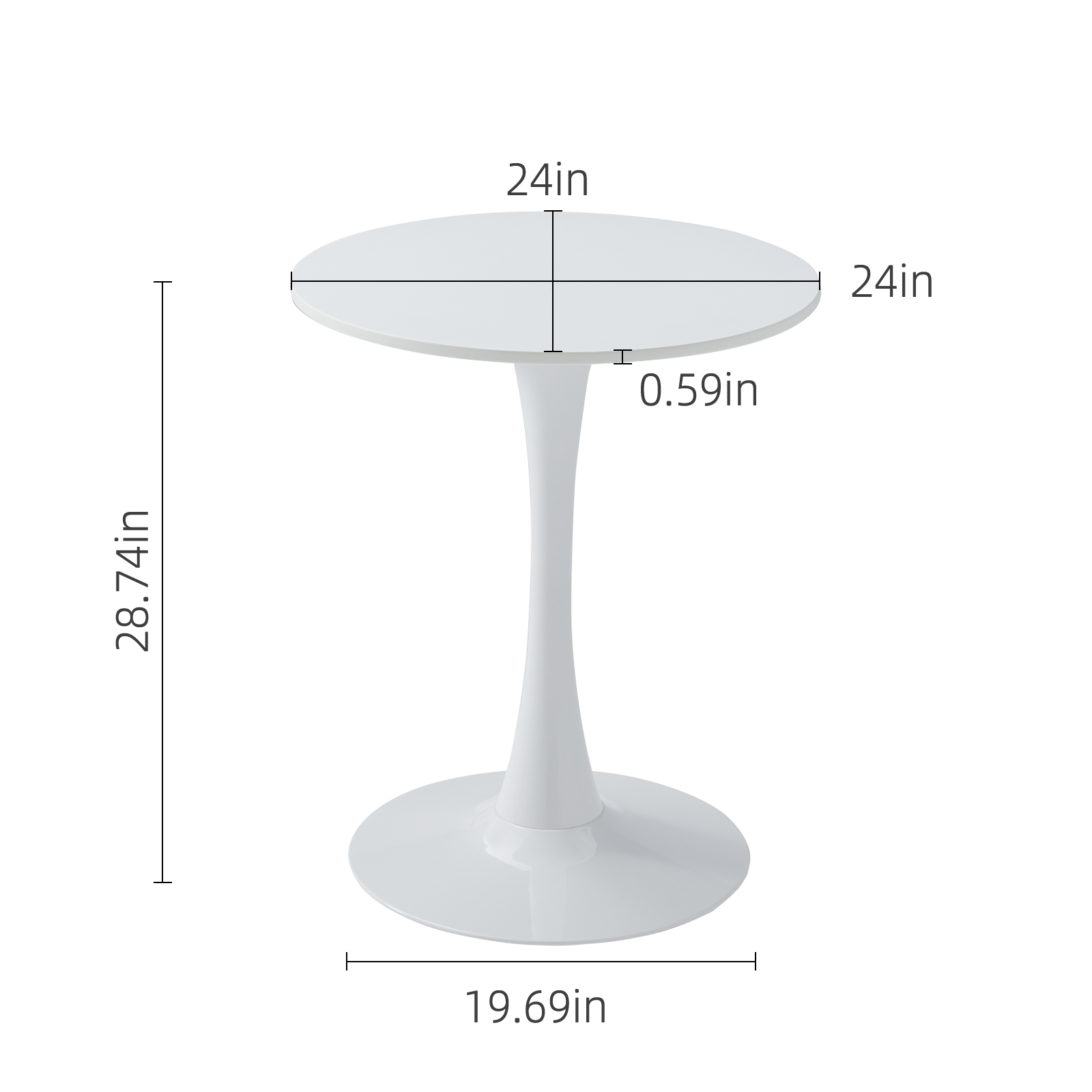 Dimension diagram of the white round bistro table showing a 24 inch top and 28.74 inch height