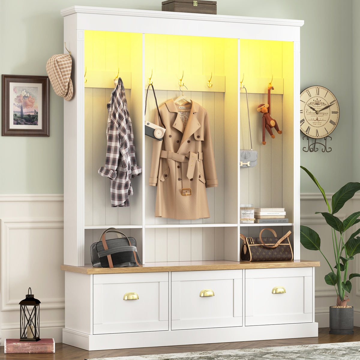 White Hall Tree with Bench and Shoe Storage, 59 in Wide, 75.2 in Tall