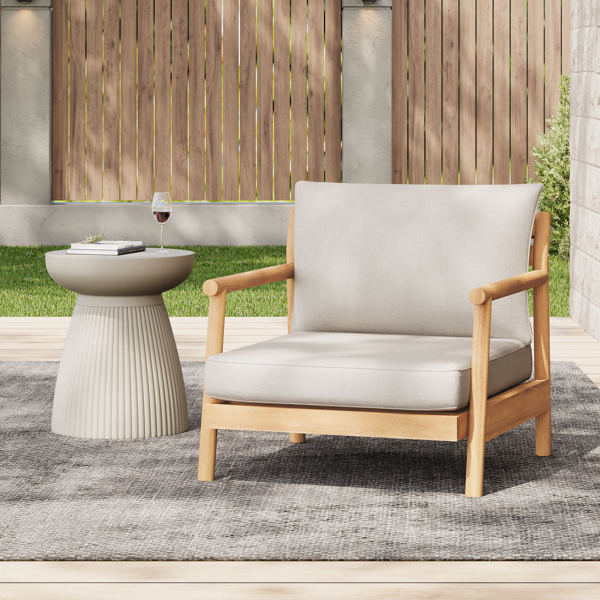 Teak Finish Solid Wood Outdoor Lounge Chair, Beige Cushion