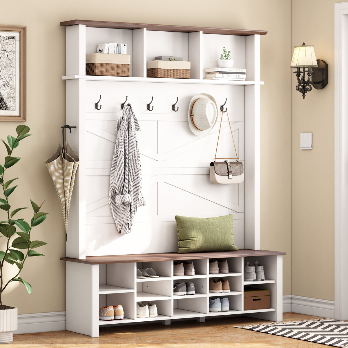 White Hall Tree with Bench and Shoe Storage, 56.3 in Wide
