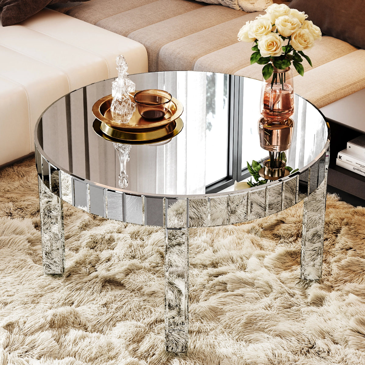 Silver Glass Top Round Coffee Table, 31.5 in, Mirrored