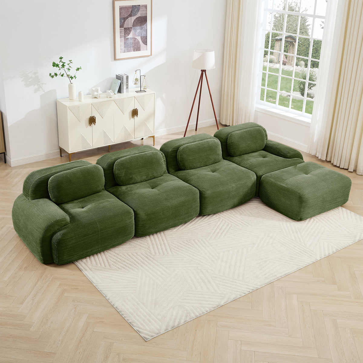 Olive Green Corduroy L-Shaped Modular Sectional Couch