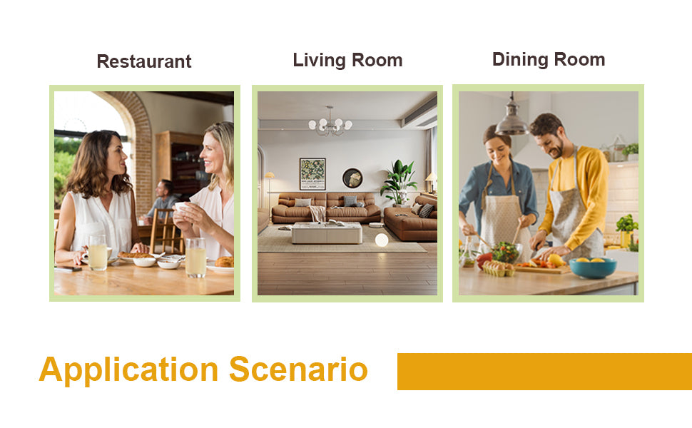 Feature graphic titled application scenario with restaurant, living room and dining room lifestyle photos