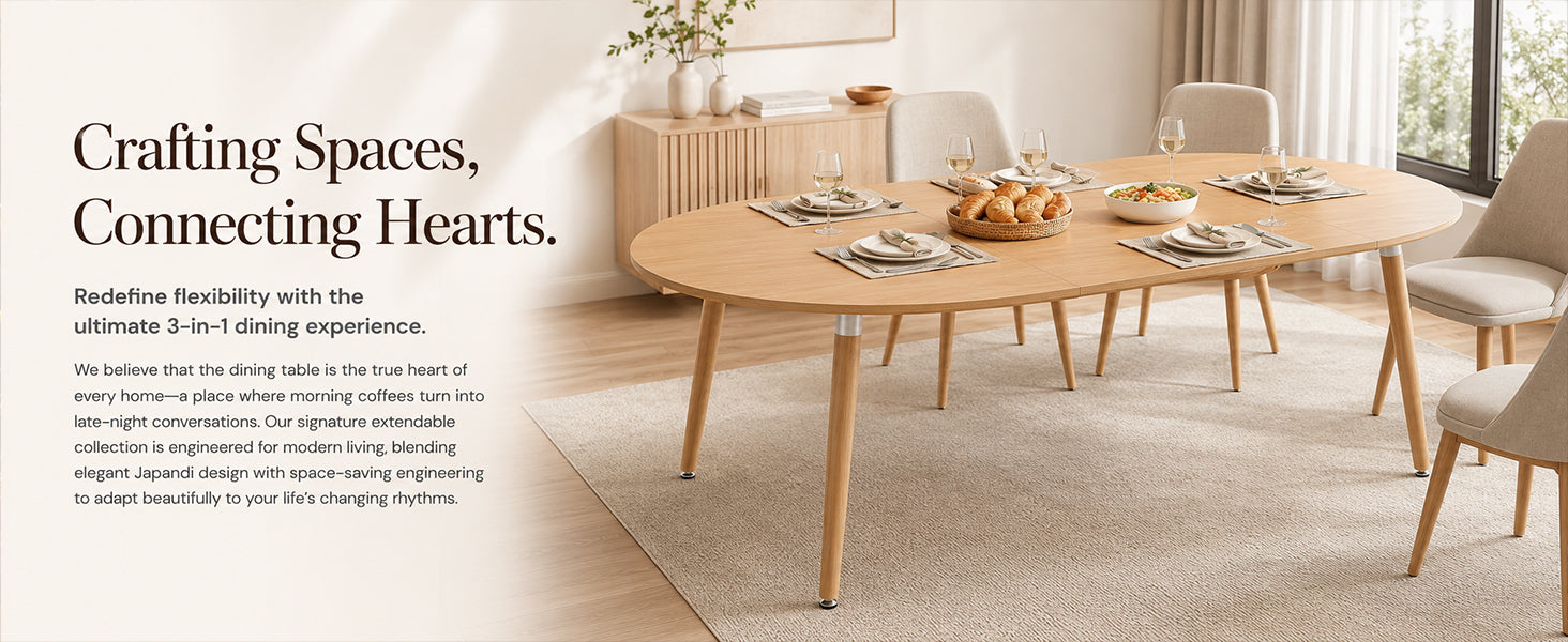 Oval oak-look table set with wine and bread in a styled dining room, lifestyle image