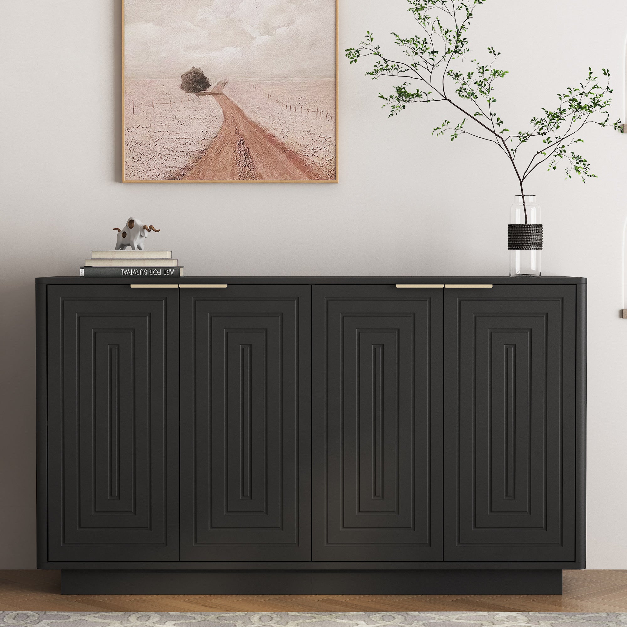 Black Fluted Sideboard 55 in, 4 Raised-Panel Doors & Shelves