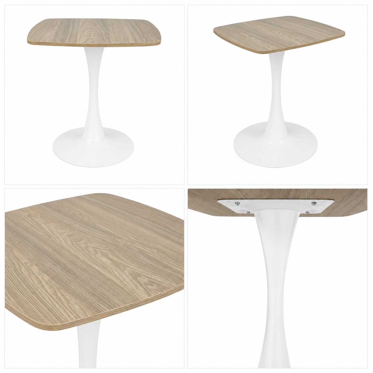 Detail collage of the square tulip table showing angles, edge and underside base plate