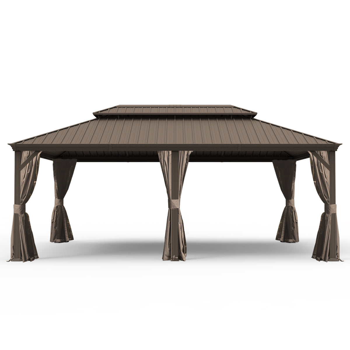 14x20 ft Brown Hardtop Gazebo with Netting and Curtains