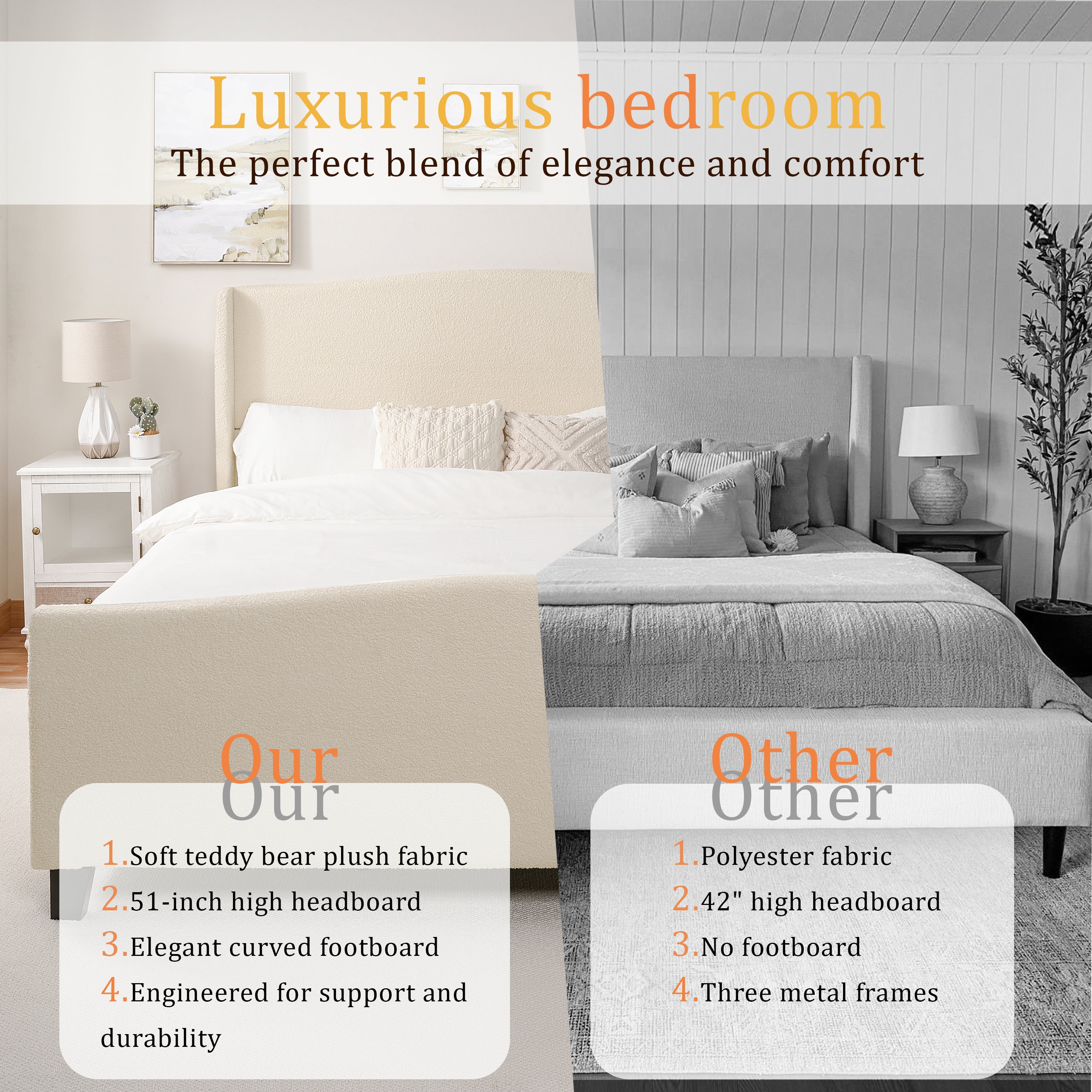 White teddy velvet king bed frame styled with white bedding in bedroom