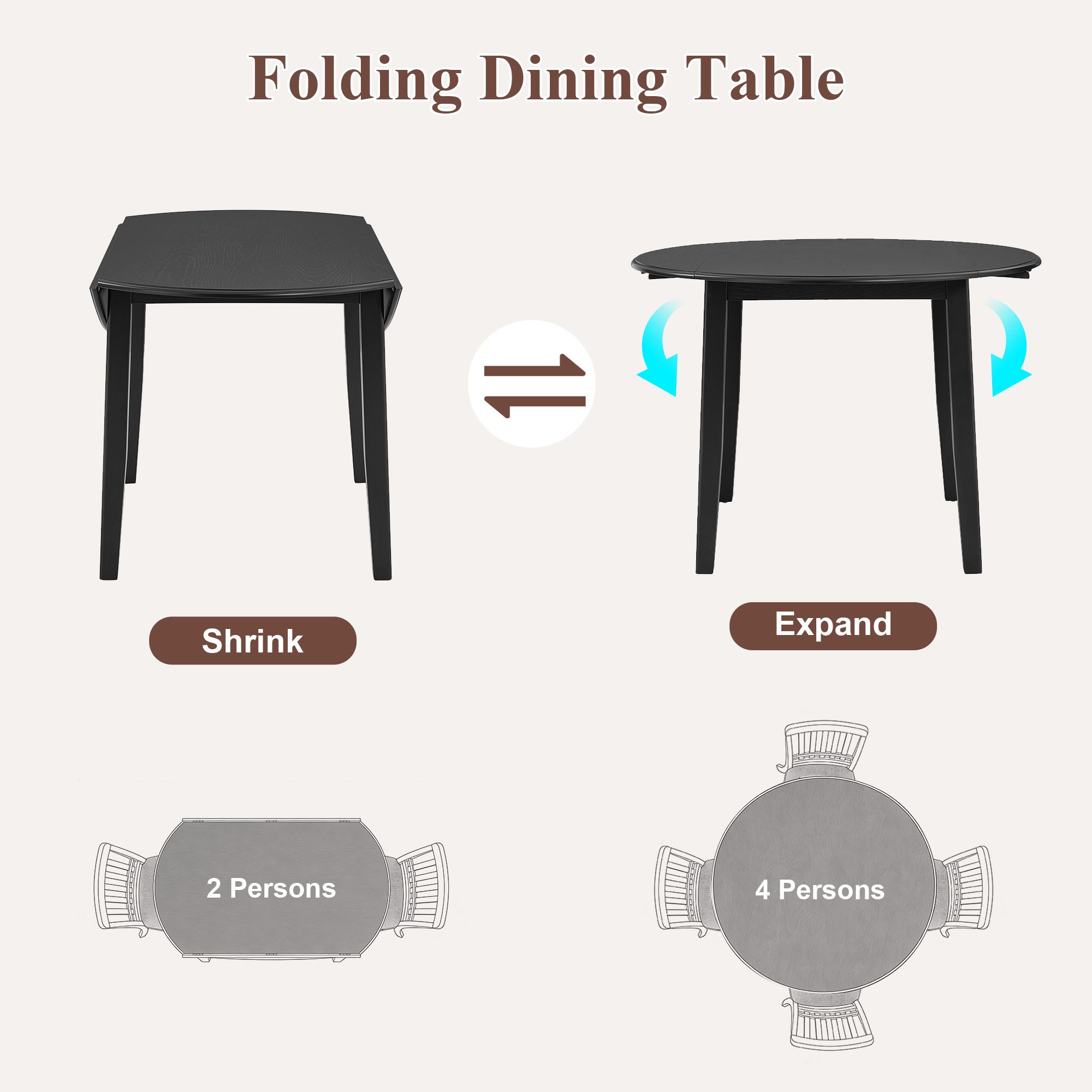 Feature graphic showing the folding table shrinking for two and expanding for four