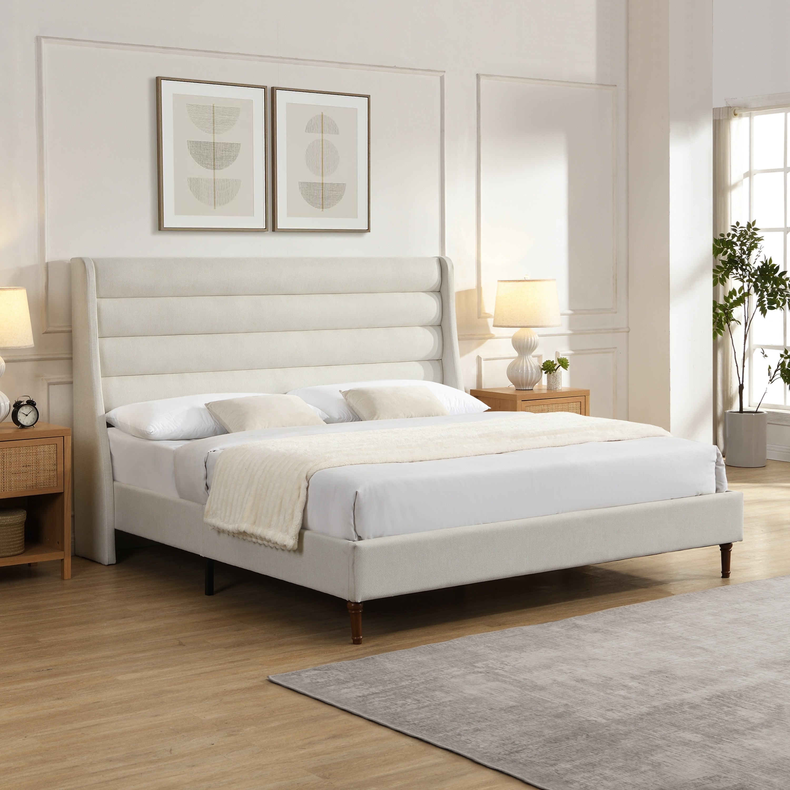 Close-up of wood leg on upholstered bed frame corner