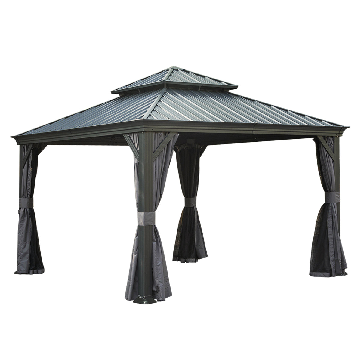 12x12 ft Gray Aluminum Double Roof Hardtop Gazebo with Netting and Curtains