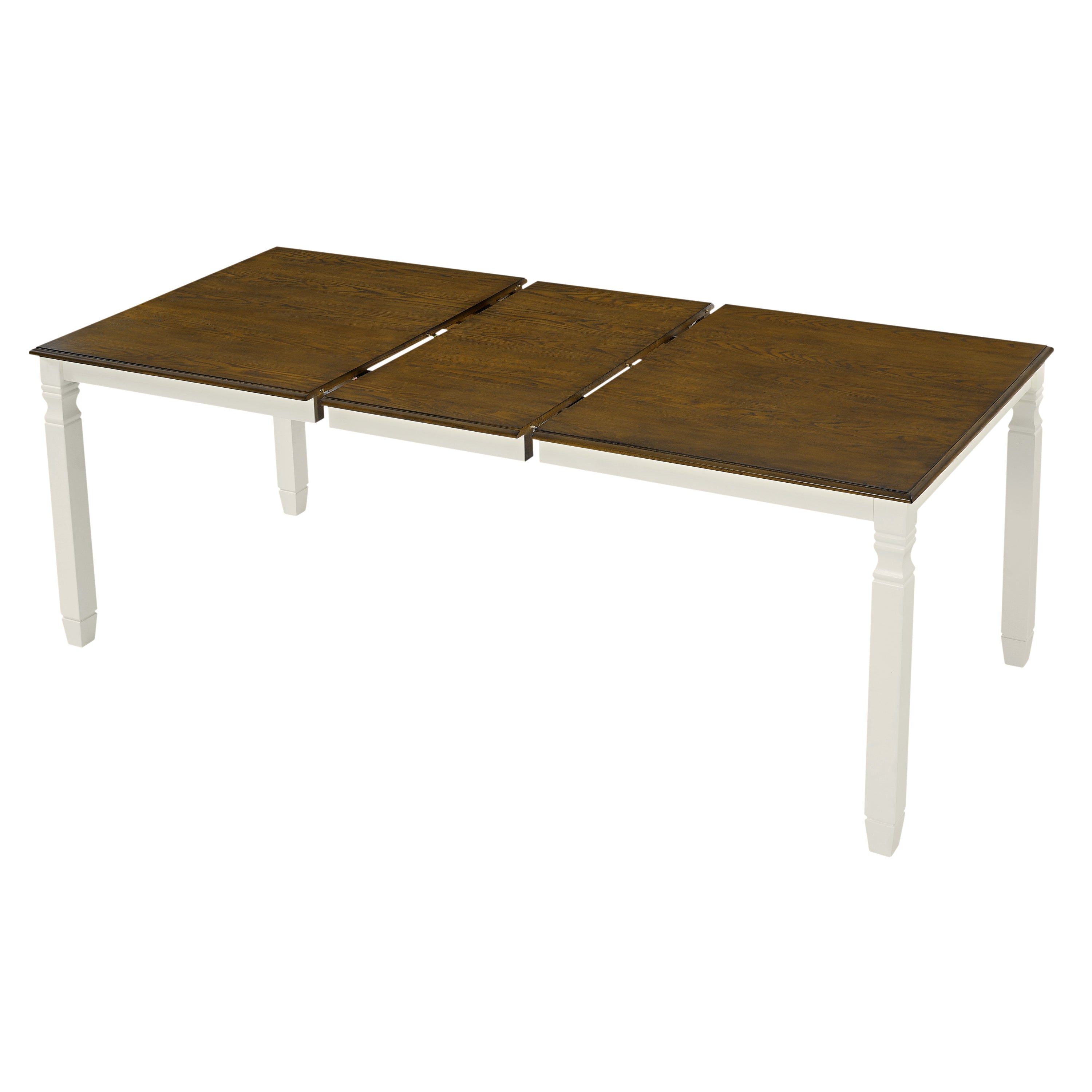 Angled studio view of the dining table pulled fully open showing the extension rails between the two halves