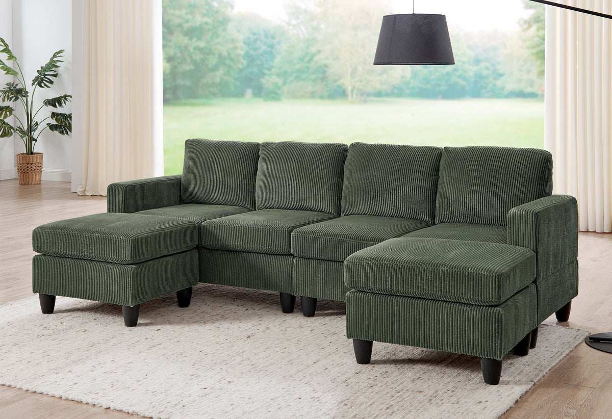 Green Corduroy Modular Sectional Couch with 2 Ottomans, 101 in Wide