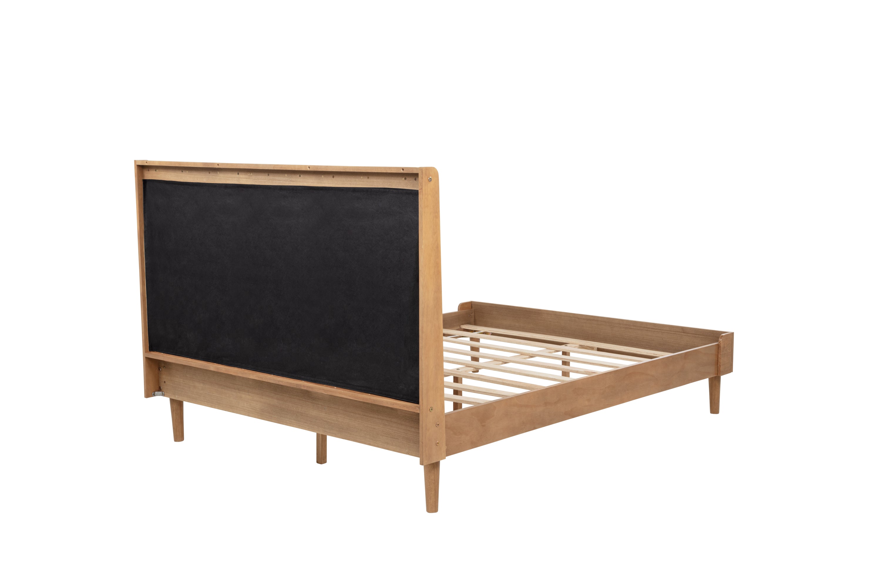 Rear view of the headboard showing the black protection cloth backing on the wood-framed queen bed