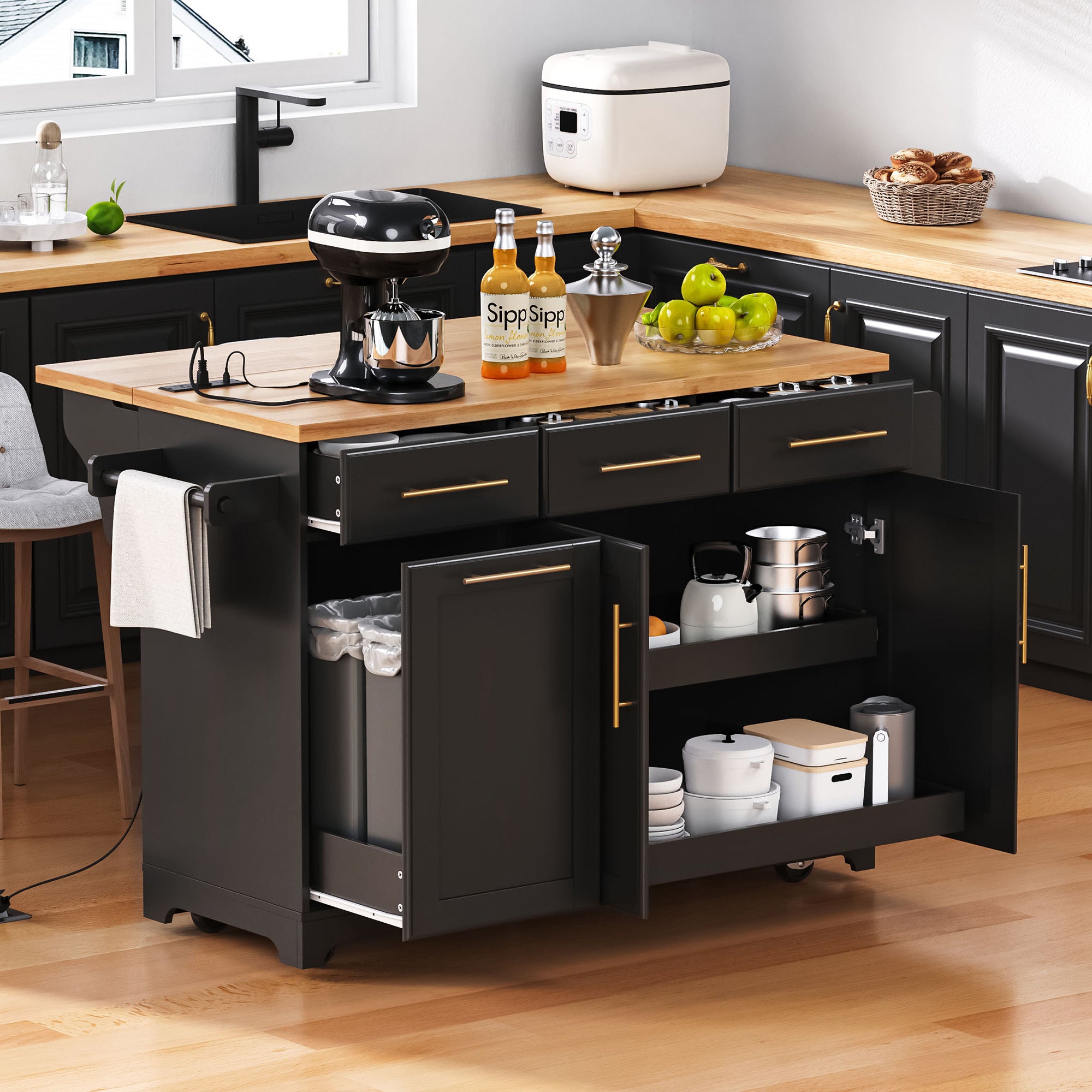 Rolling Kitchen Island, Black, Drop-Leaf with Trash Cabinet, 59in