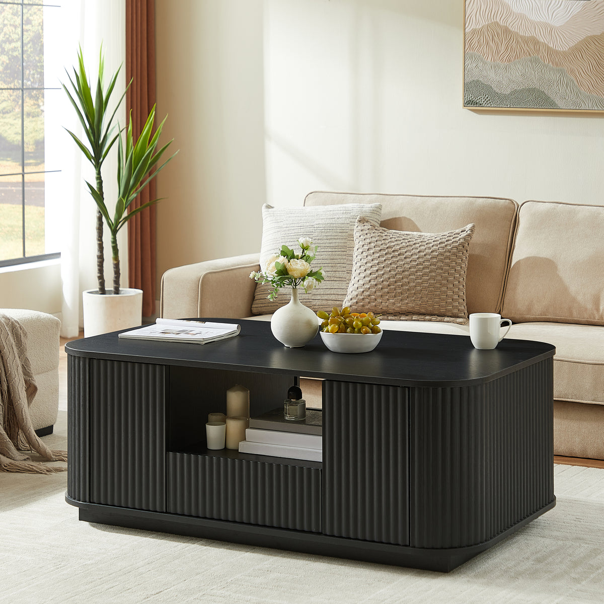 Black Oval Coffee Table with Storage, 46.5 in
