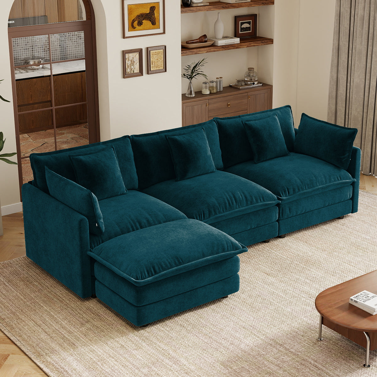 Blue Chenille Sectional Couch with Ottoman, 3-Seat