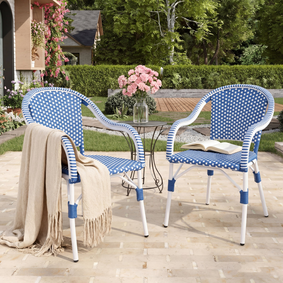 Aluminum Outdoor Dining Chair, Set of 2, Blue and White