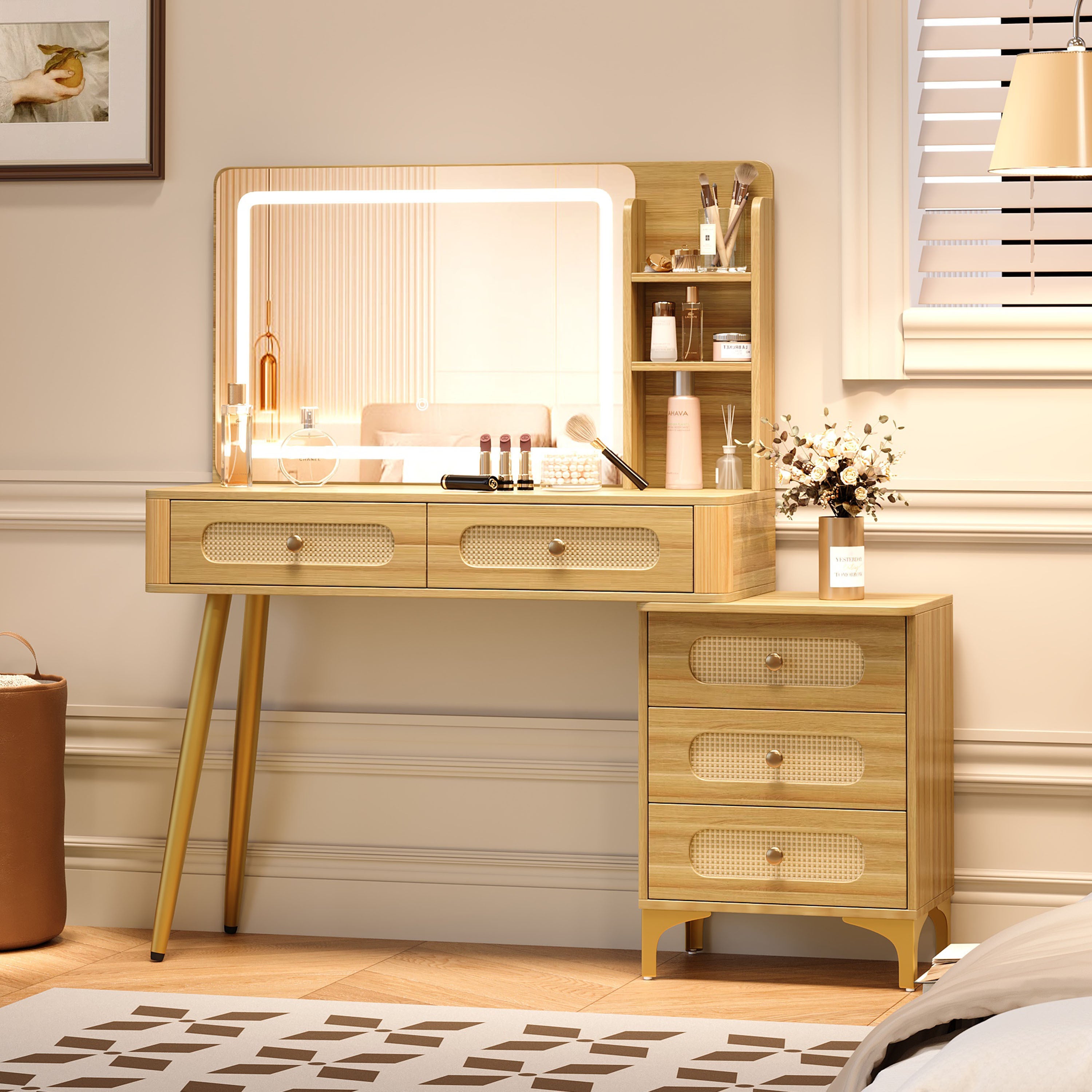 Rattan 5-Drawer Vanity Desk with Lighted Mirror, Natural