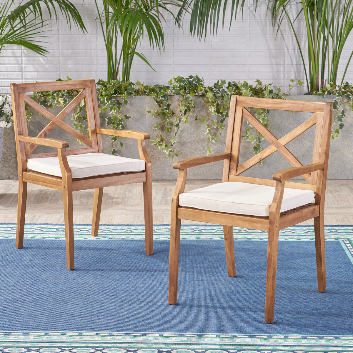 Teak Finish Solid Wood Outdoor Dining Chair, Set of 2, 35.5 in Tall