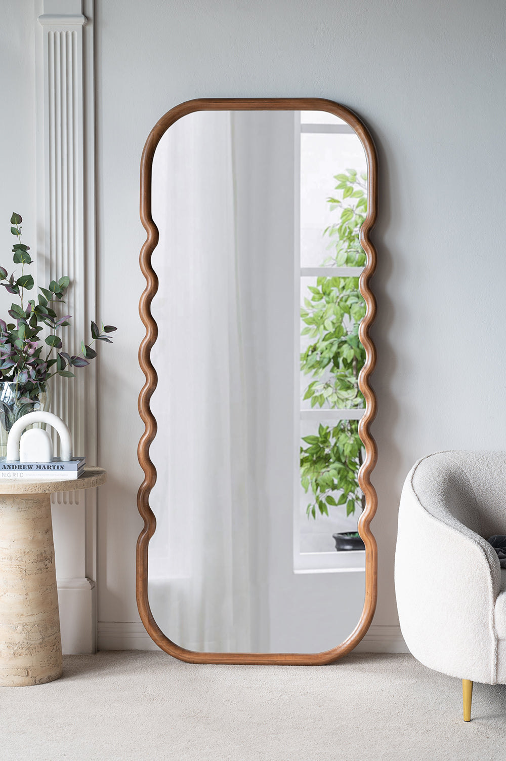 31.4" x 74" Oversized Pine Wood Mirror, Curved Brown Frame