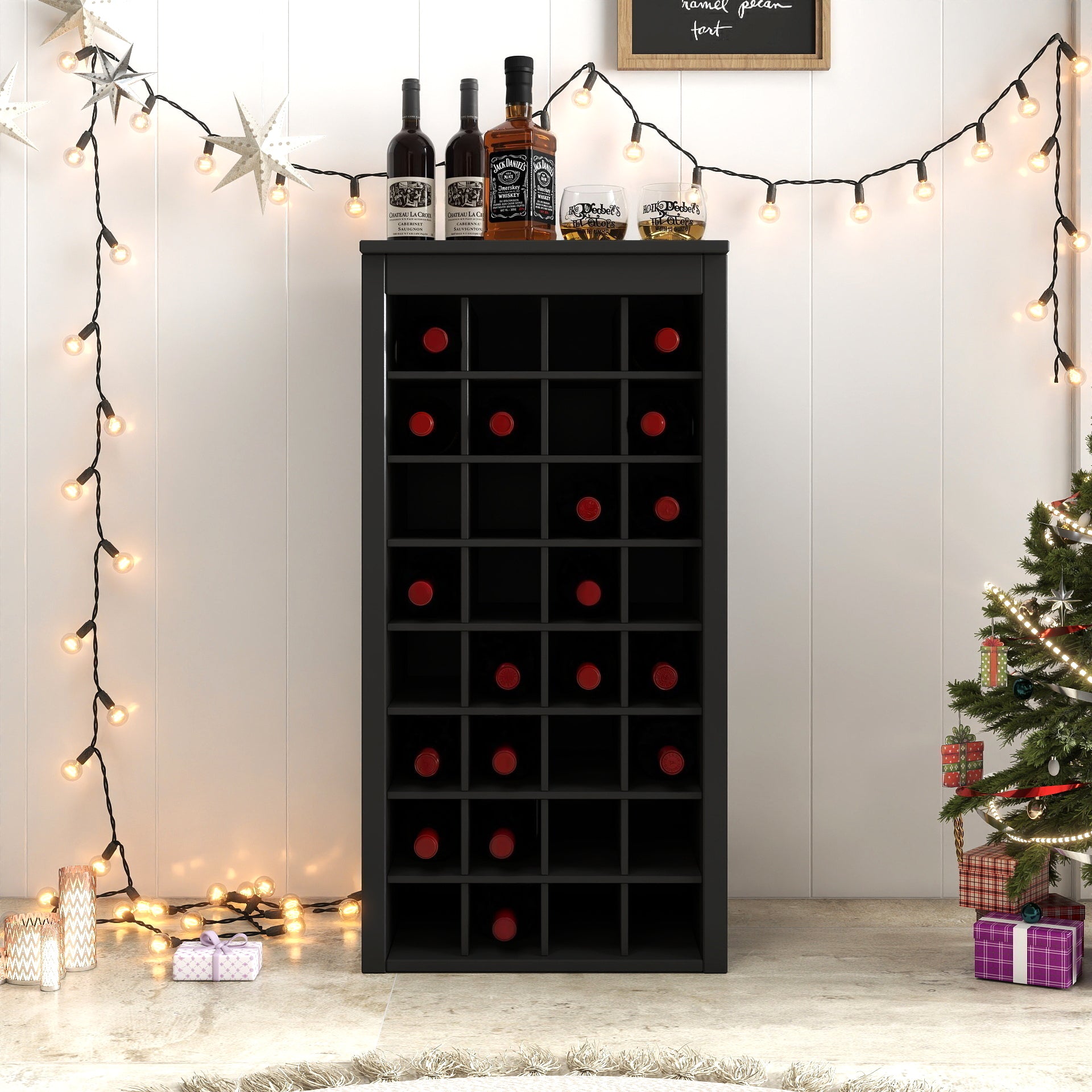 Black Wine Bar Cabinet, 32-Bottle Modular Storage Rack