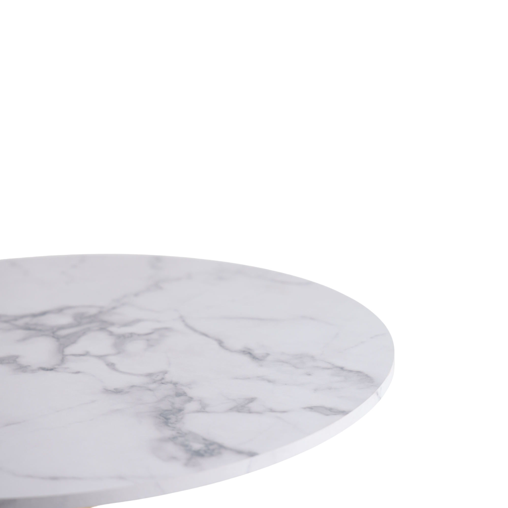 Overhead close-up of the white faux marble tabletop surface and edge