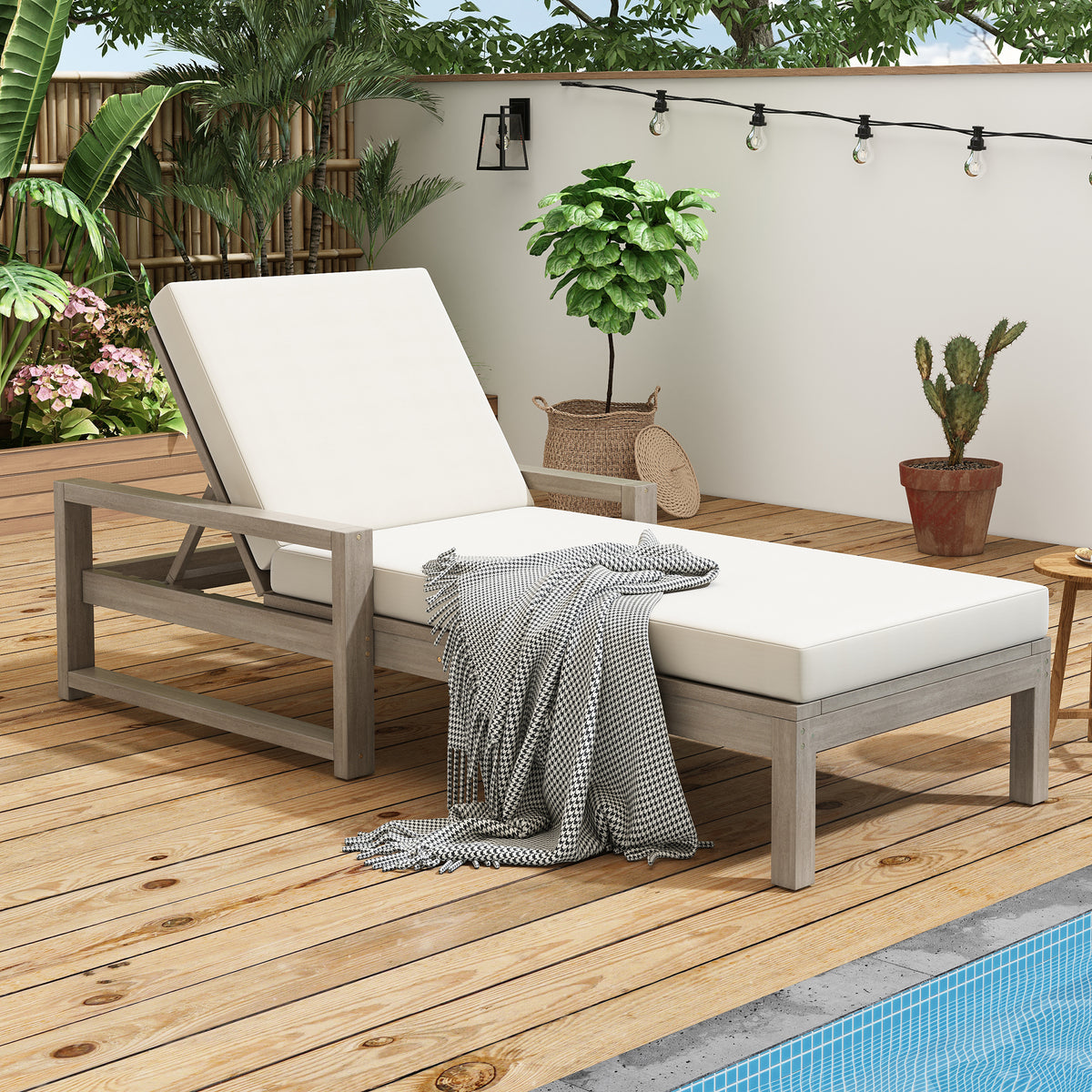 Gray Solid Wood Adjustable Outdoor Chaise Lounge with Beige Cushions