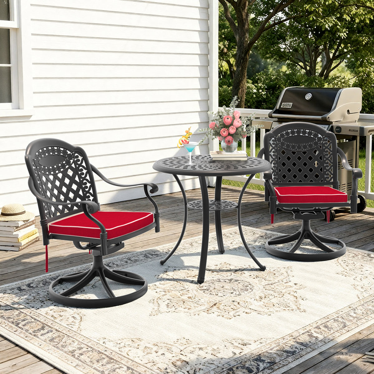 Black Aluminum 3-Piece Patio Dining Set for 2 with Cushions