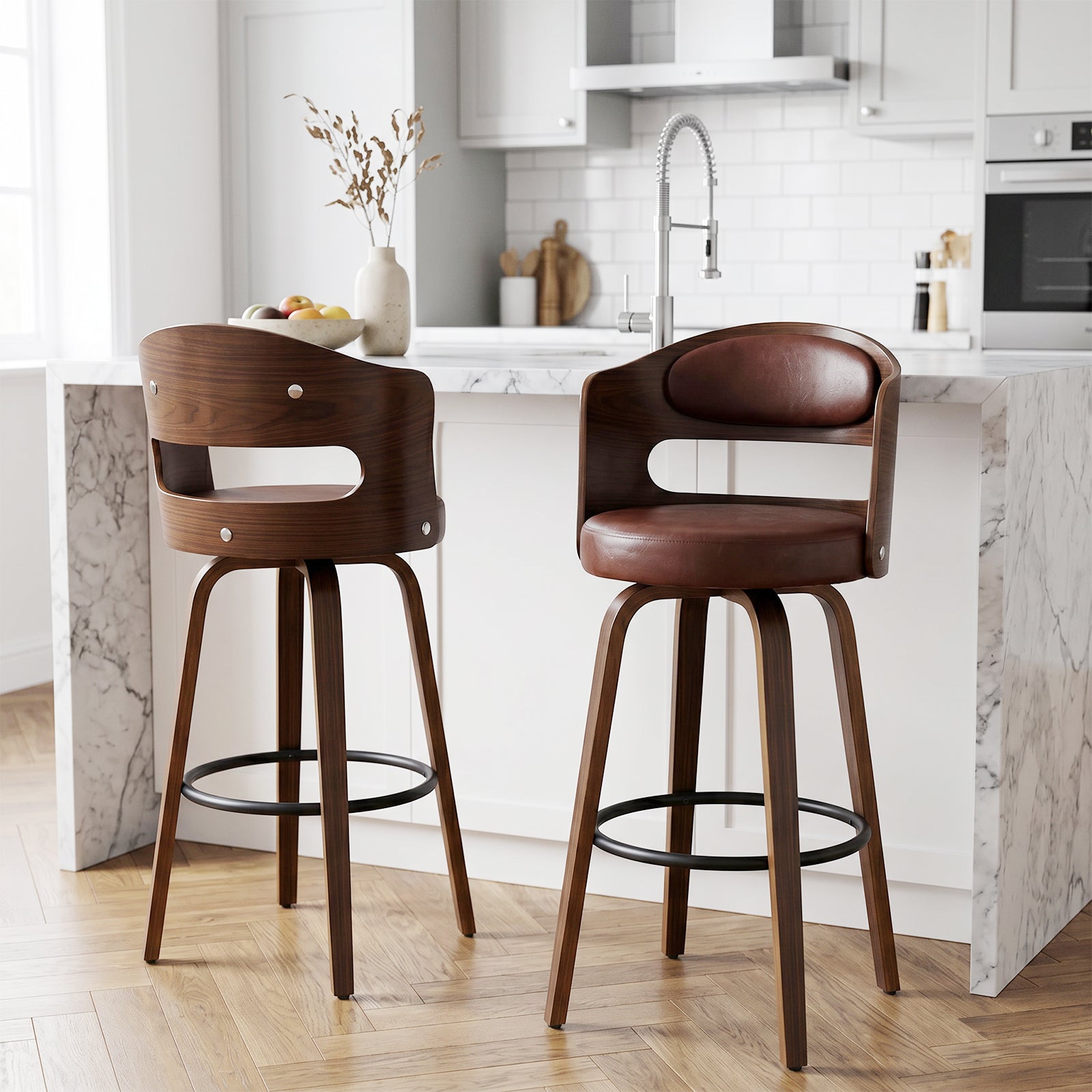Swivel Stool Set of 2, Brown Vegan Leather with Walnut Wood Frame