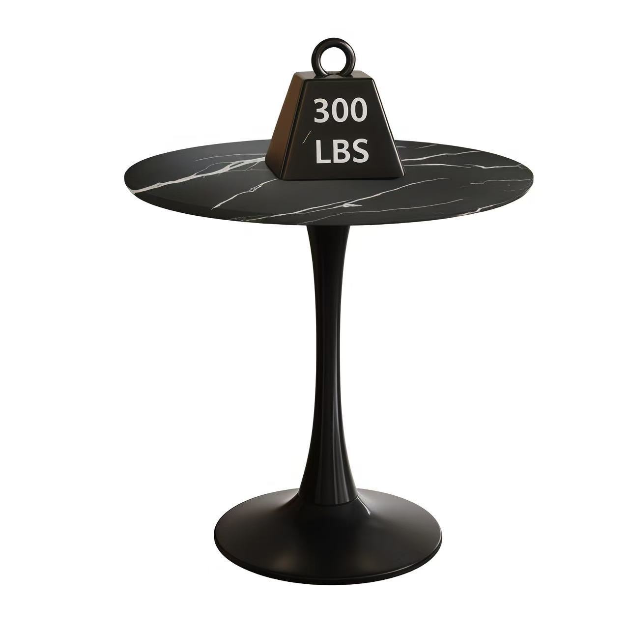 Studio photo of black marble round bistro table with 300 lb weight capacity graphic