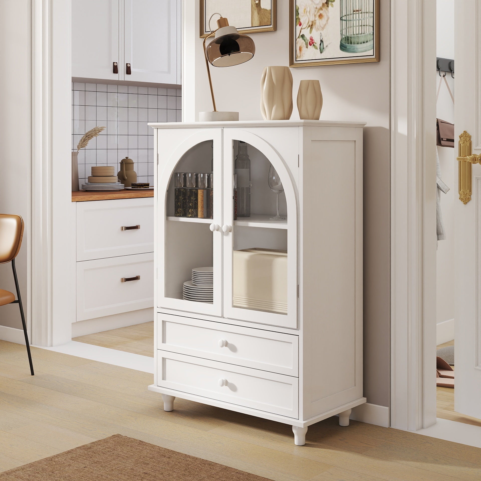 White Farmhouse Sideboard, Arched Glass Doors & 2 Drawers