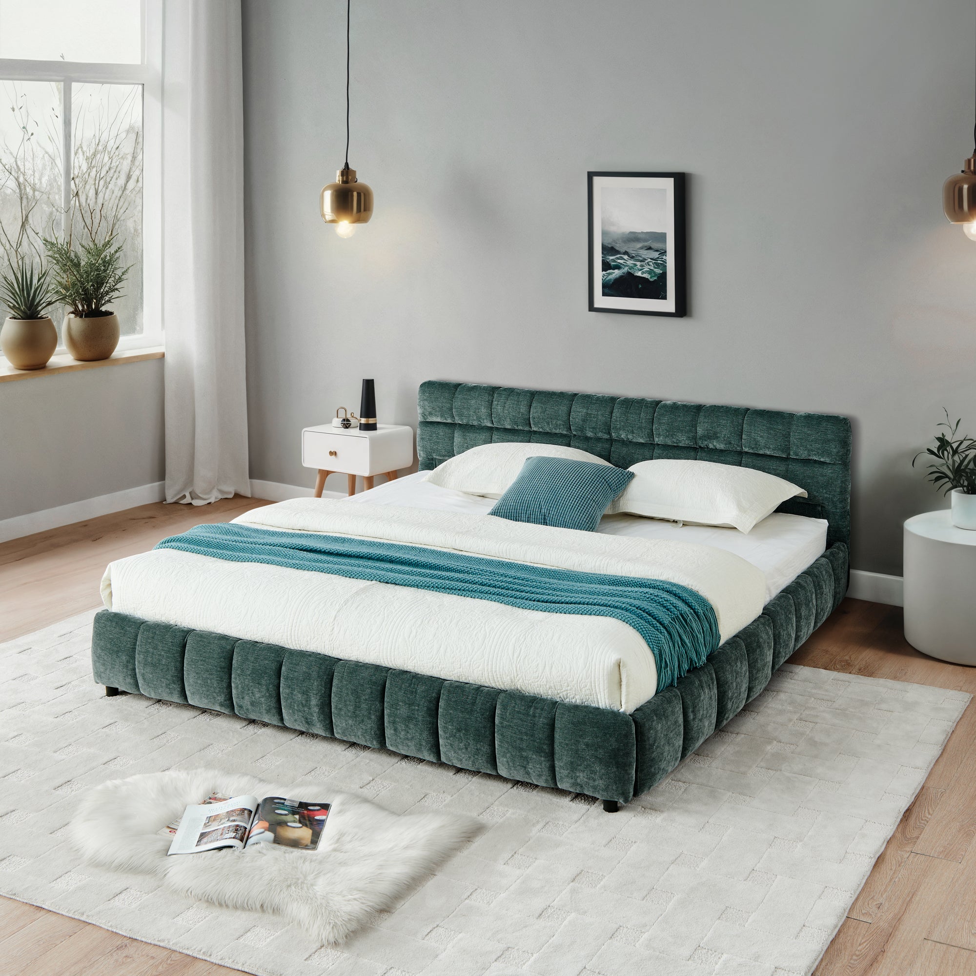 Close-up of blue-green chenille footboard channel tufting and wood leg