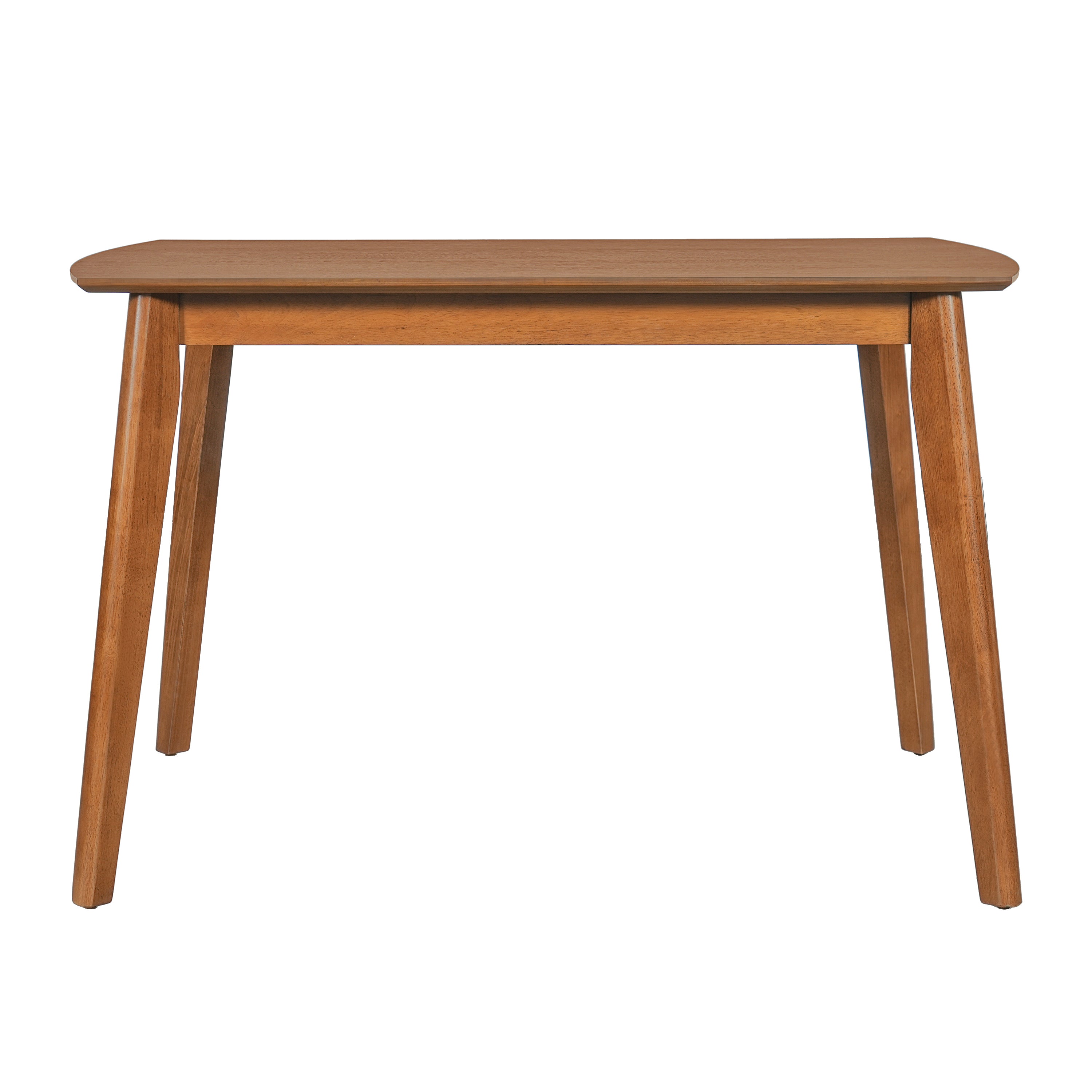End view of the brown mid-century dining table with tapered legs, plain white background