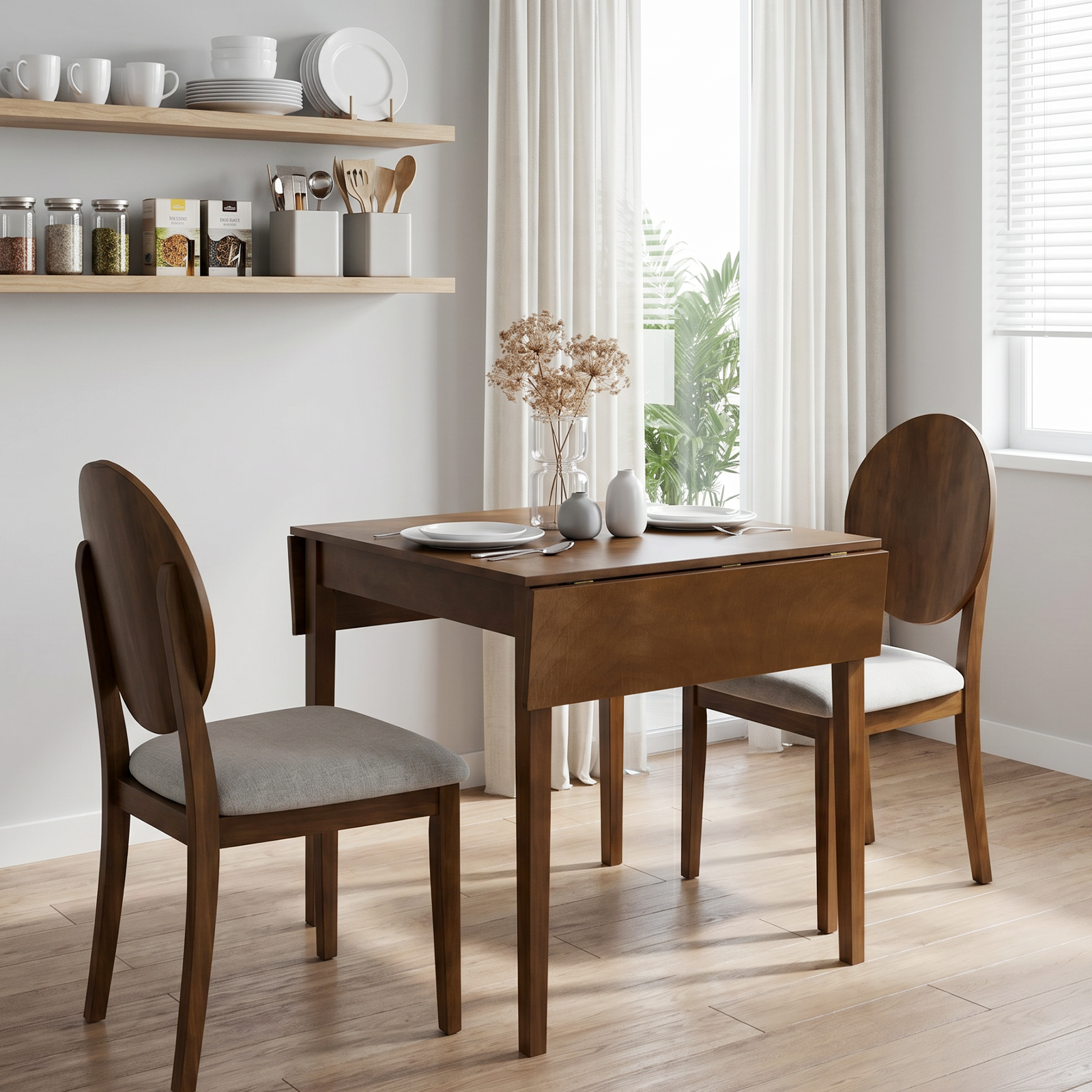 Walnut drop-leaf dining table with two oval-back chairs in a bright kitchen corner, angled view